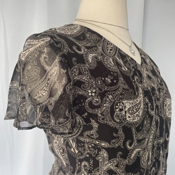 Skirt Set Size 14 Black Beige Paisley Flutter Short Sleeve A Line Y2K 2 Piece - Picture 6 of 16